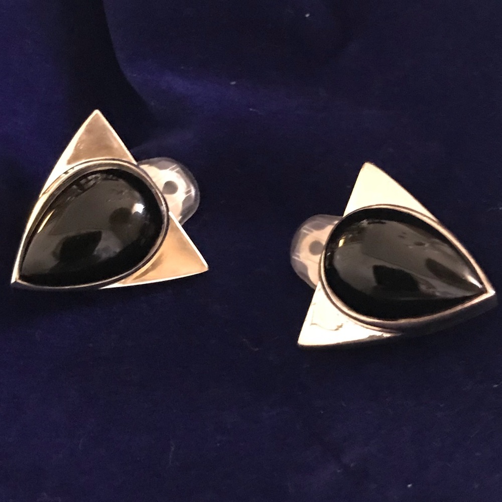 Sterling silver and black onyx clip earrings